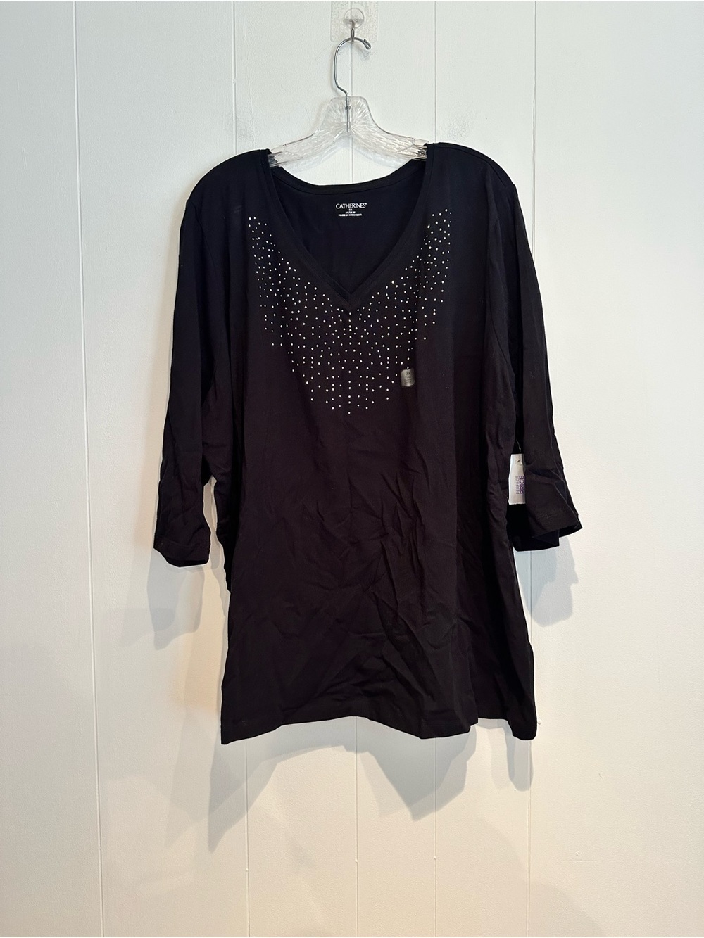 Catherines 3X Black Rhinestone V-Neck Tunic Top 3/4 Sleeve Stretch NWT - Picture 3 of 10